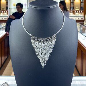 White Beaded Fringe Statement Necklace Boho Festival Tribal Inspired Jewelry 14"